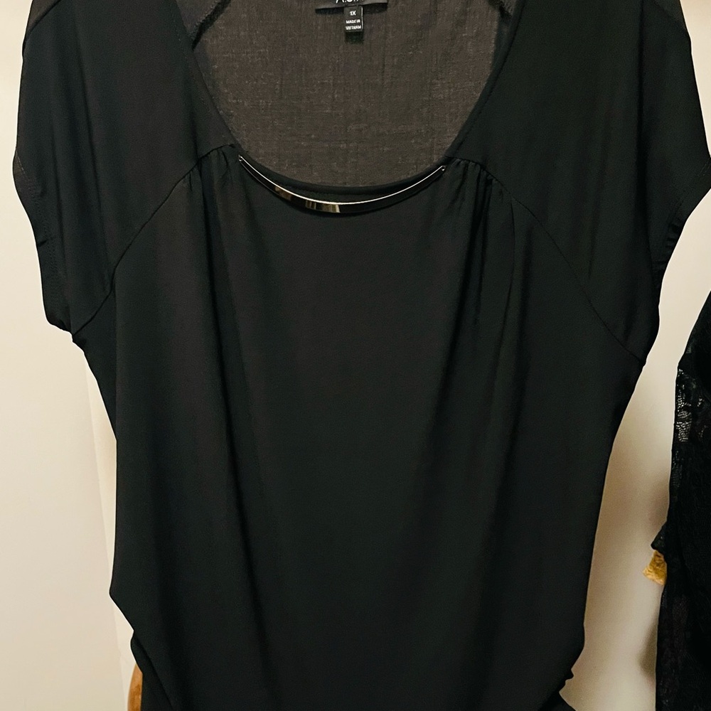 AUW Black Women's Blouse with silver colored metal detail.